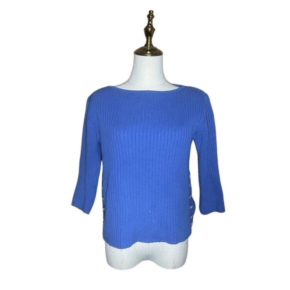 Pierre Cardin Blue Long Sleeve Pullover Sweater Size S Cable Knit Side Buttons - Picture 1 of 11